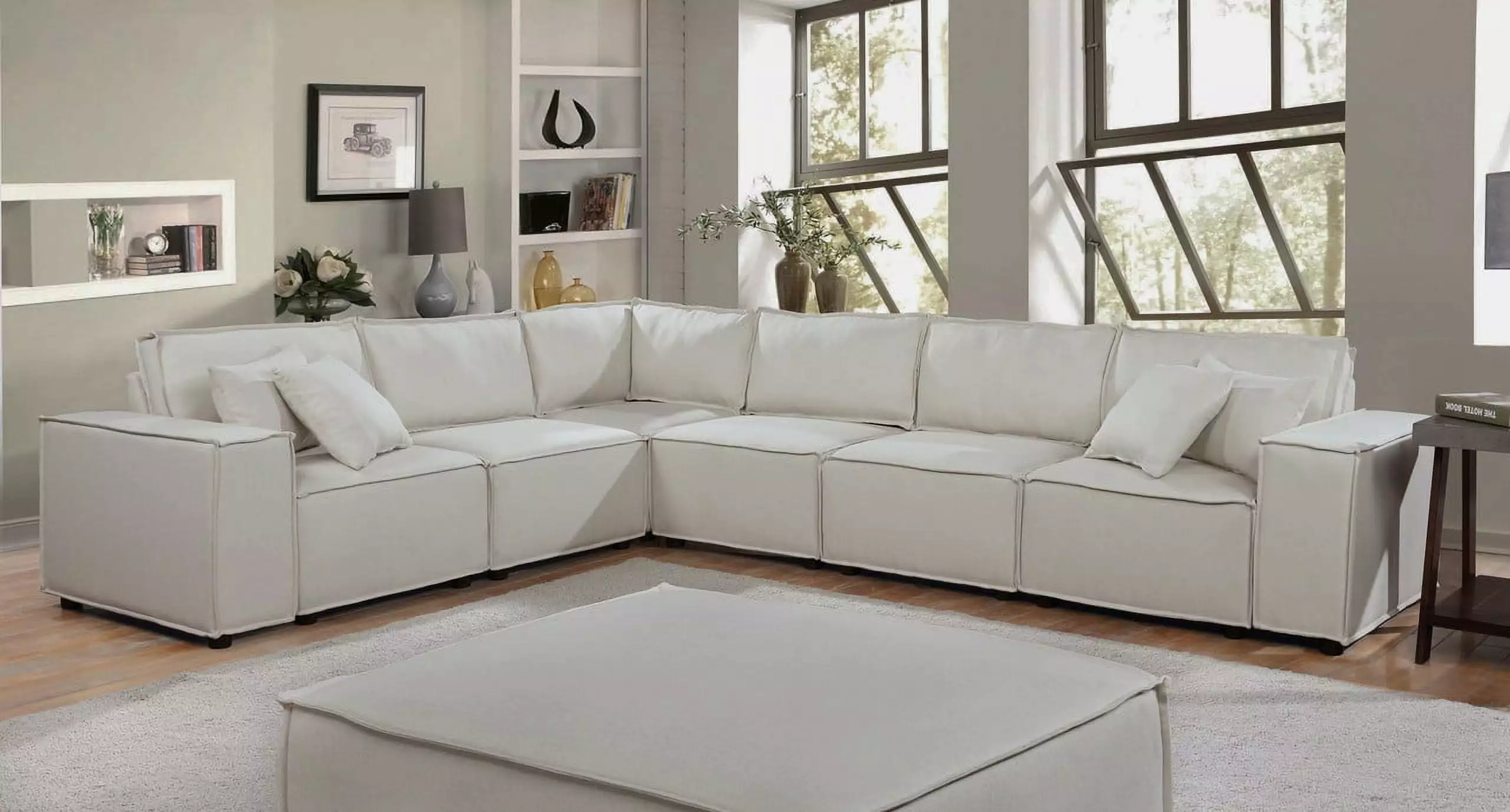 Janelle 127.5 Modular Sectional Sofa Beige Linen Living Room Furniture Ghislaine