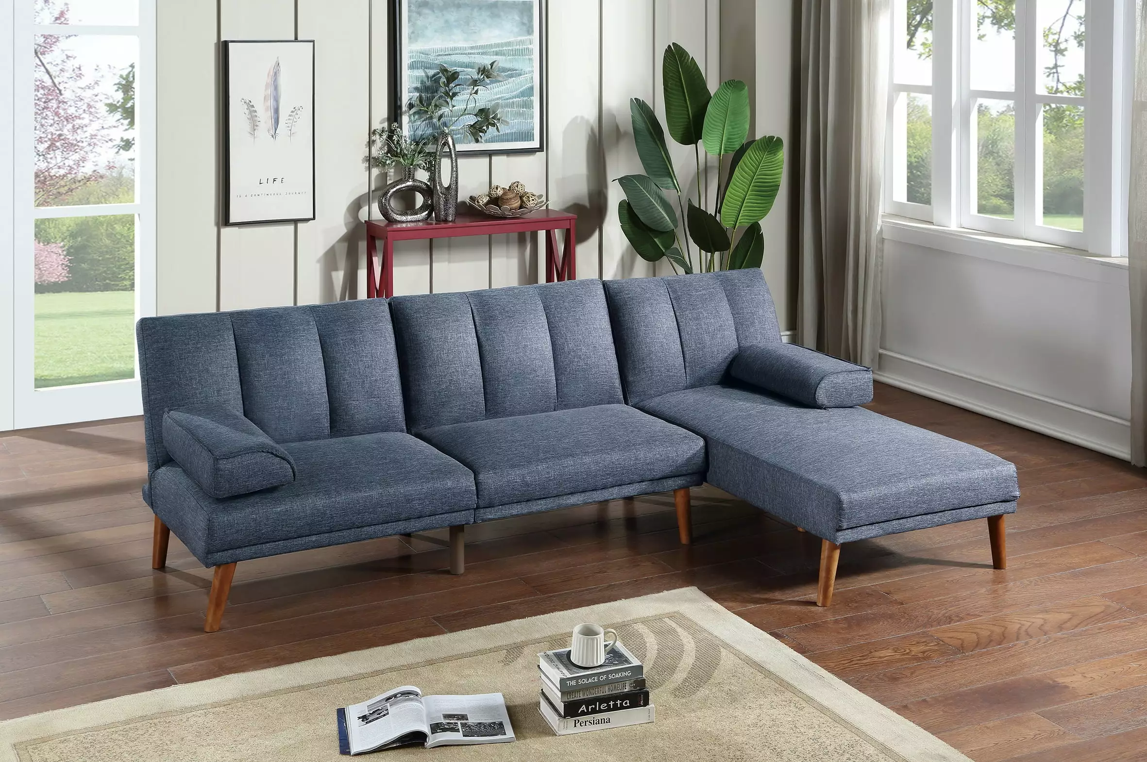 Navy Polyfiber 2-Piece Sectional Sofa Set Solid Wood Legs Plush Couch Adjustable Chaise Ghislaine