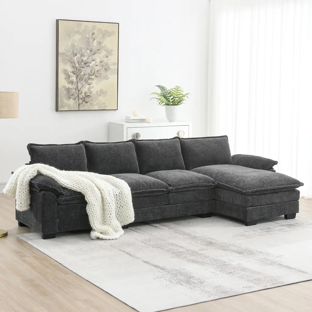 118x55 Inch Modern L Shaped Chenille Cloud Sofa Double Seat Cushions gt