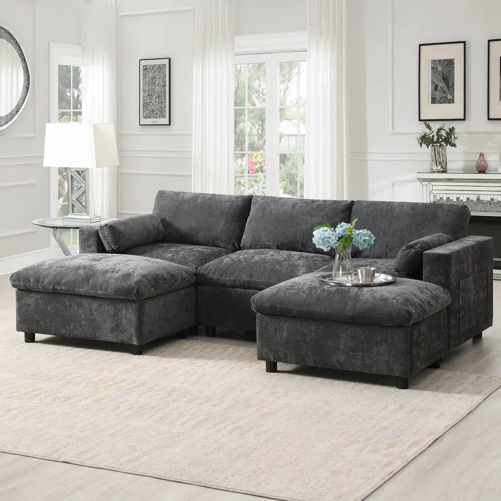 86.5 Chenille Sectional Sofa Storage Pockets 5 Seat U Influenced Design gt