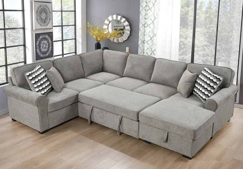 117 Inch Oversized Sectional Sofa Storage Chaise and Rolled Arms U-Shape happy home