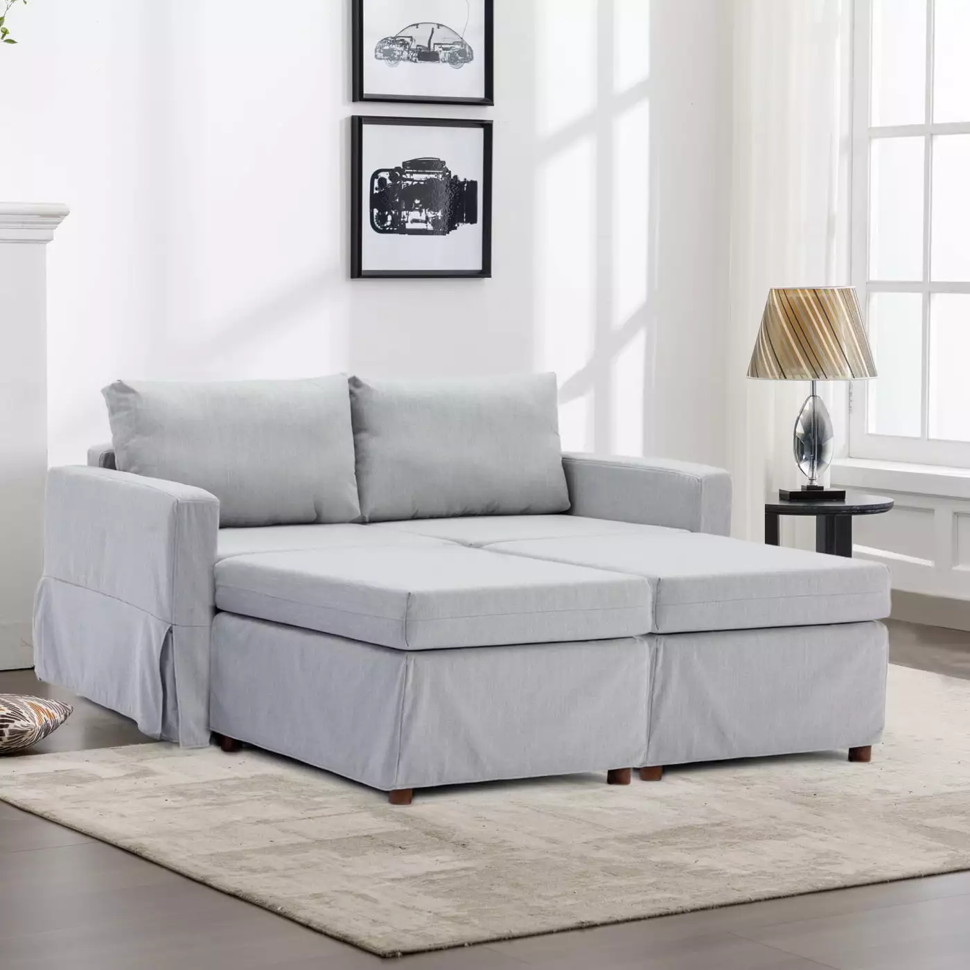 Light Grey 2-Seat Sectional Sofa Set 2 Ottomans - Washable Cushions and Flexible Living Room Configuration HATNOKIL