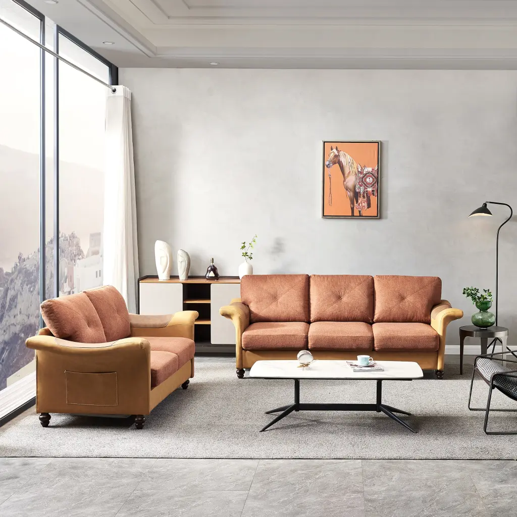 Living Room Furniture Linen Fabric Faux Leather Wood Leg 2 3 Sectional Sofa hdf store