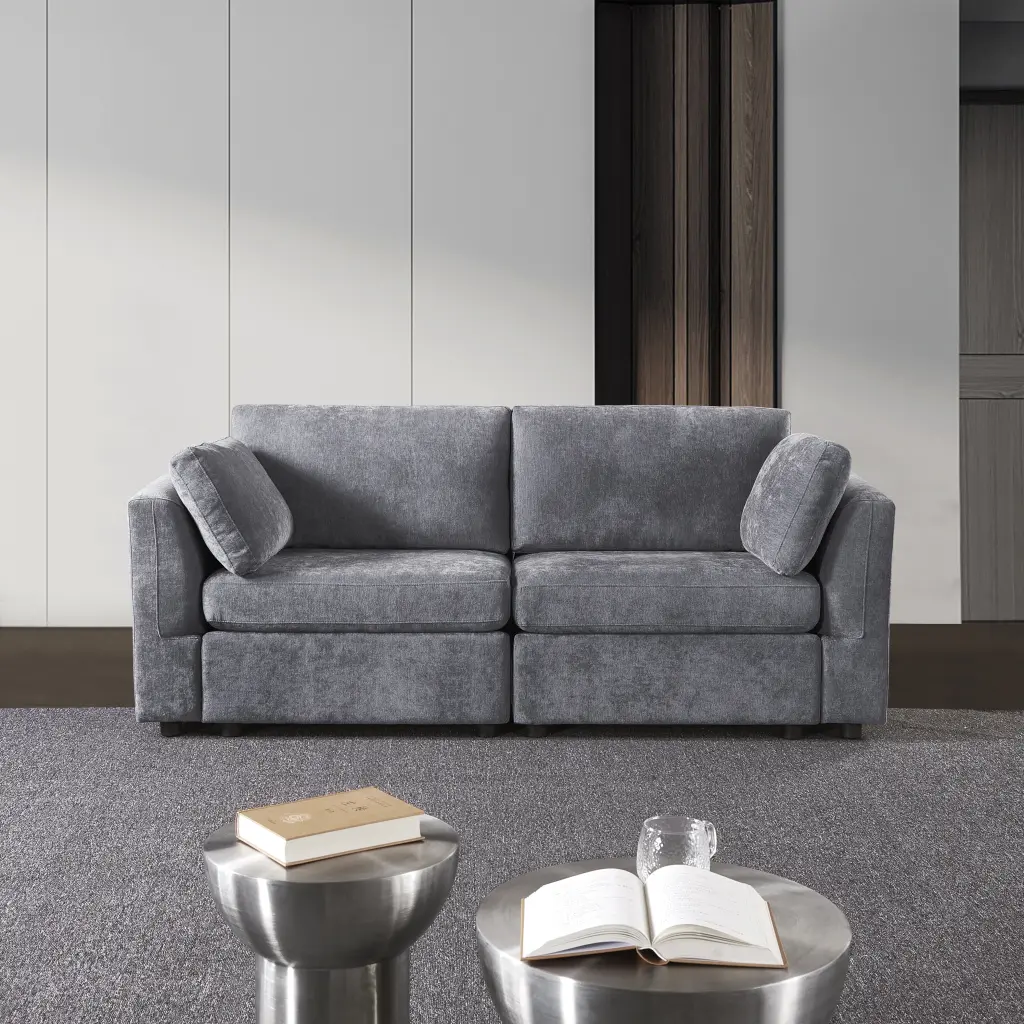 Modular Sofa White Chenille Fabric Grand Living Room Sectional homarni furnishings inc.---w1099