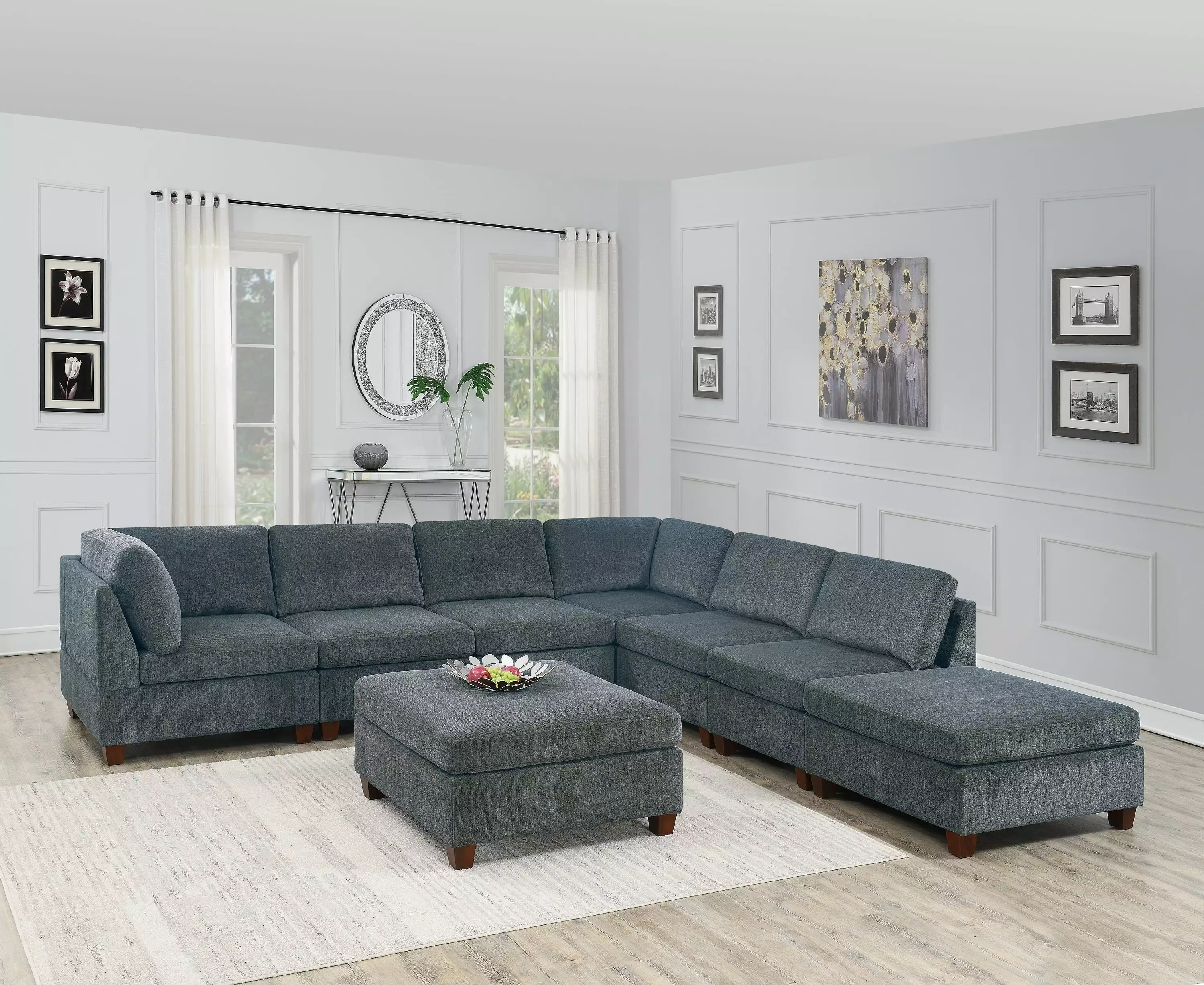 Homiyad Living Room Furniture Grey Chenille Modular Sectional 8pc Set Large Corner L-Sectional Modern Couch