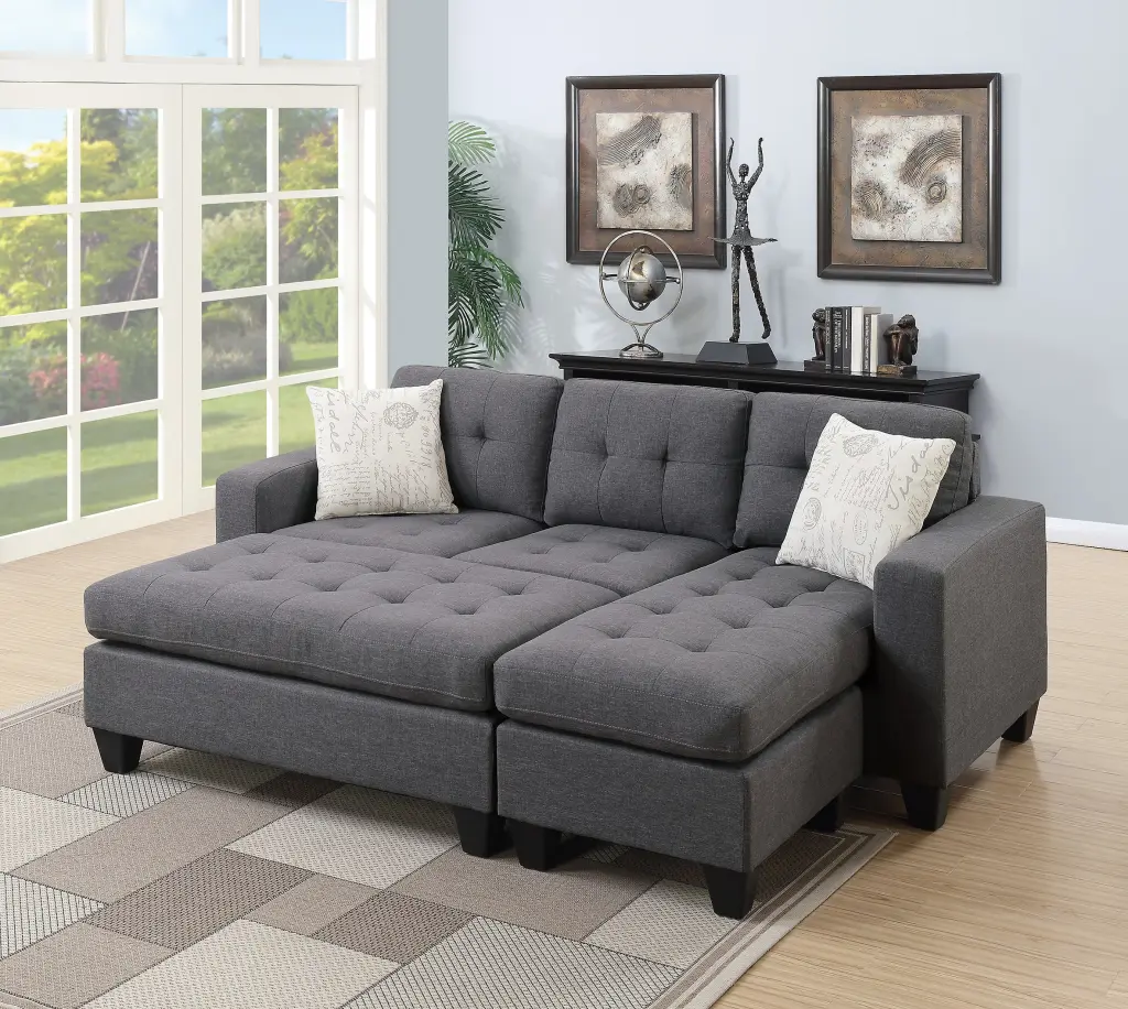 Blue Grey Polyfiber Linen Like Fabric 3Pcs Reversible Sectional Sofa kanepe