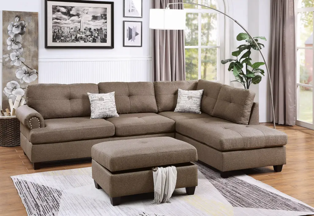 Contemporary 3 Piece Sectional Sofa Mocha Dorris Fabric Cushion Sofa Chaise kanepe