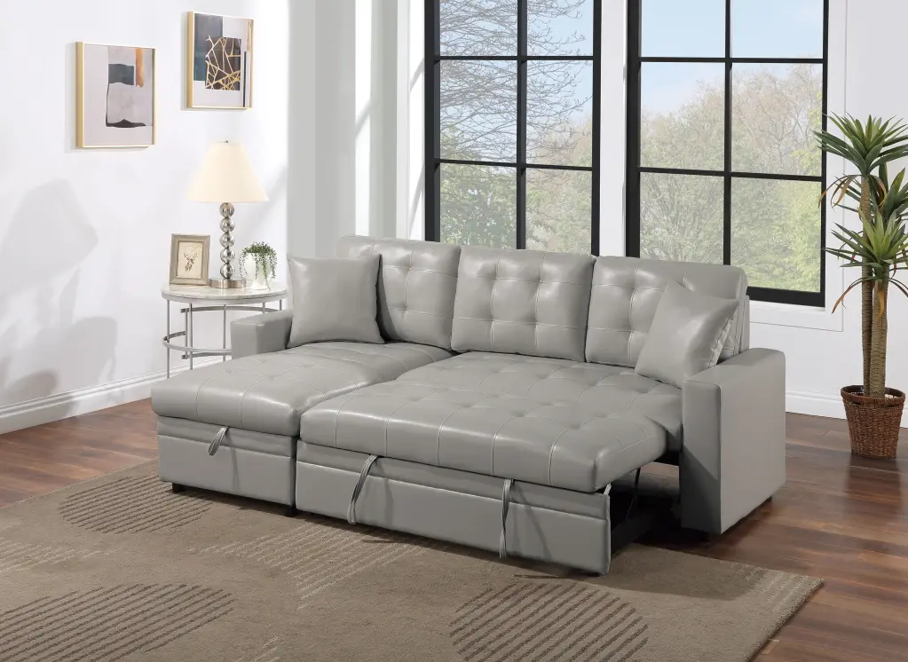 Light Gray Faux Leather Sectional Sofa Pull Out Bed - Convertible Couch kanepe