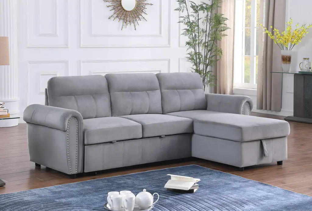 Ashton 96.5 Inch Gray Velvet Fabric Reversible Sleeper Sectional Sofa lilola home