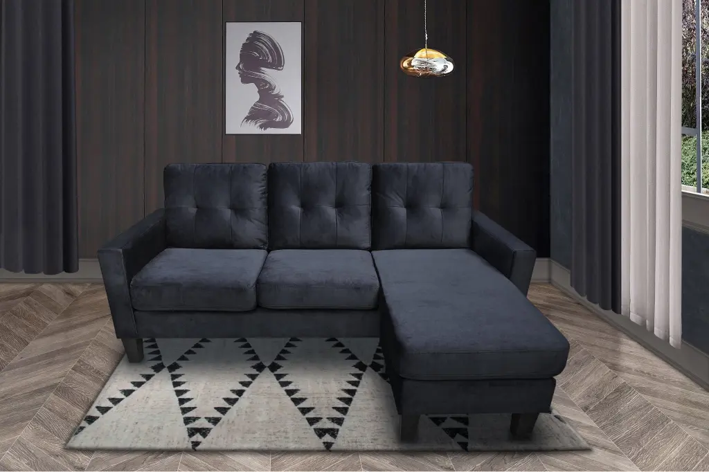 Everett 72.5 Inch Black Velvet Reversible Sectional Sofa Chaise Modern Living Room Furniture lilola home