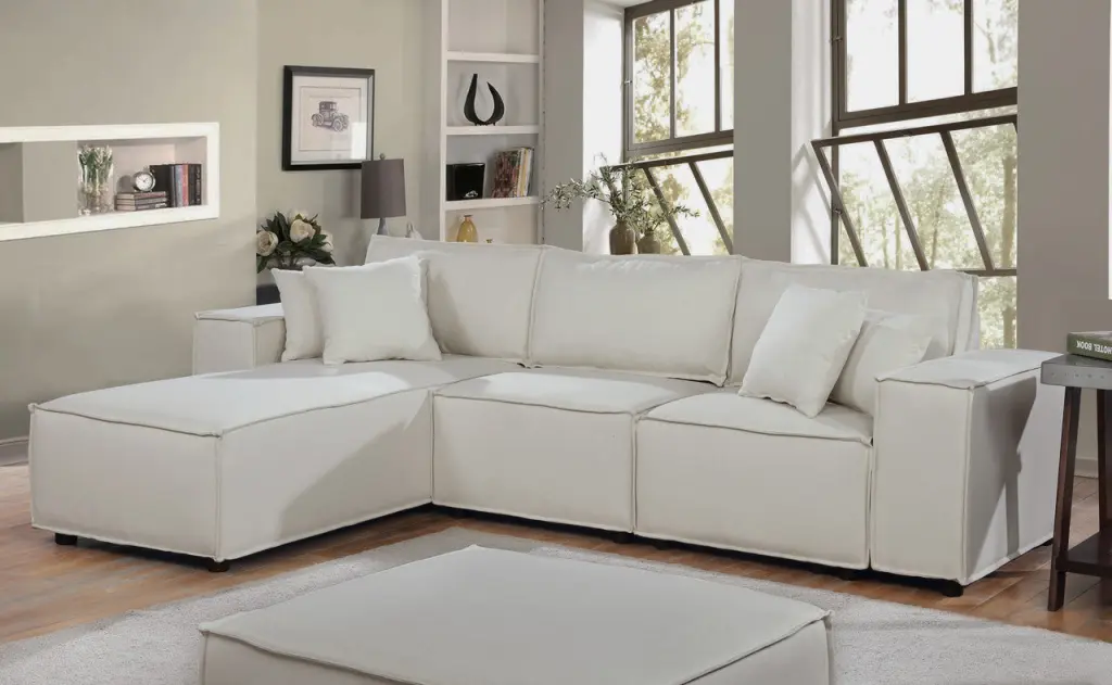 Harvey 104 Inch Sofa Reversible Chaise Beige Linen Fabric lilola home