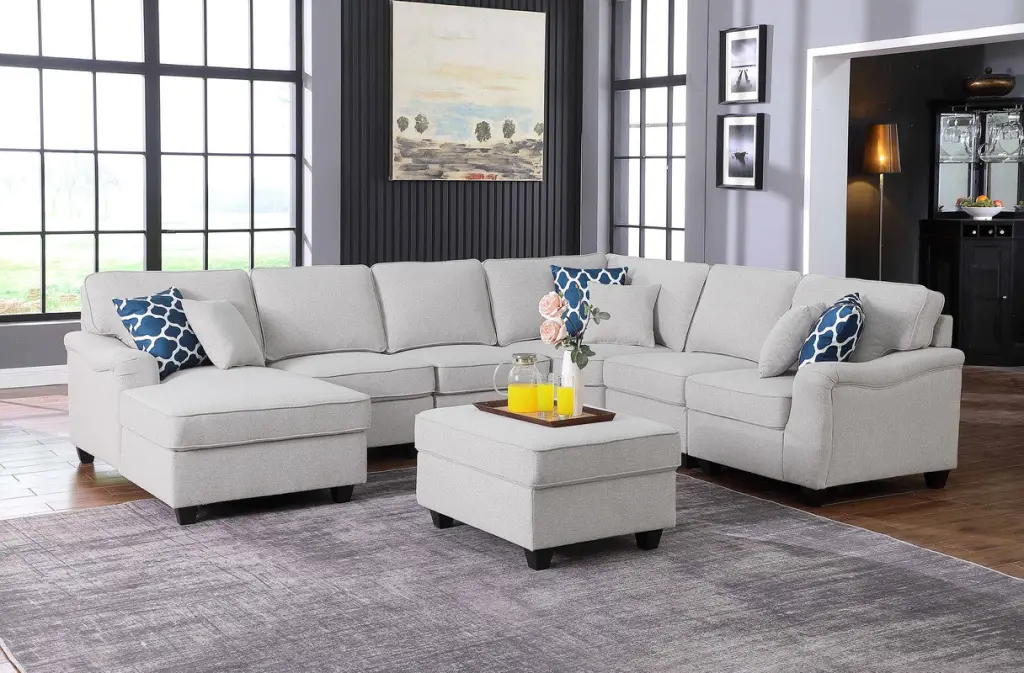 Leo 125 Inch Light Gray Linen 7 Piece Modular Sectional Sofa Chaise - L Influence Design lilola home