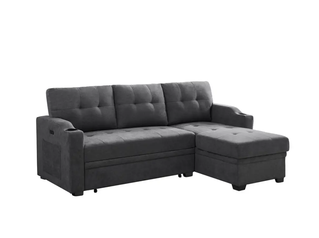 Mabel 83 Inch Dark Gray Woven Fabric Sleeper Sectional Cupholder USB Charging lilola home