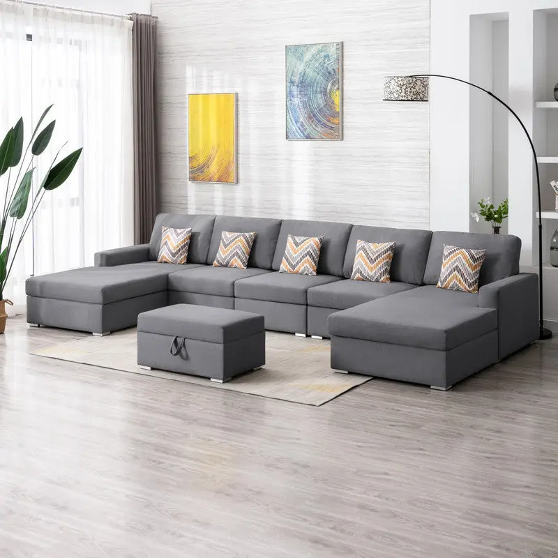 Nolan 152 Inch Gray Linen Fabric 6 Piece Double Chaise Sectional Sofa lilola home
