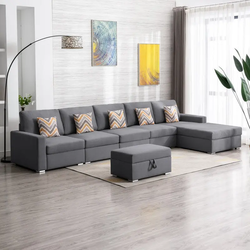 Nolan 152 Inch Gray Linen Fabric 6 Piece Reversible Sectional Sofa Chaise lilola home