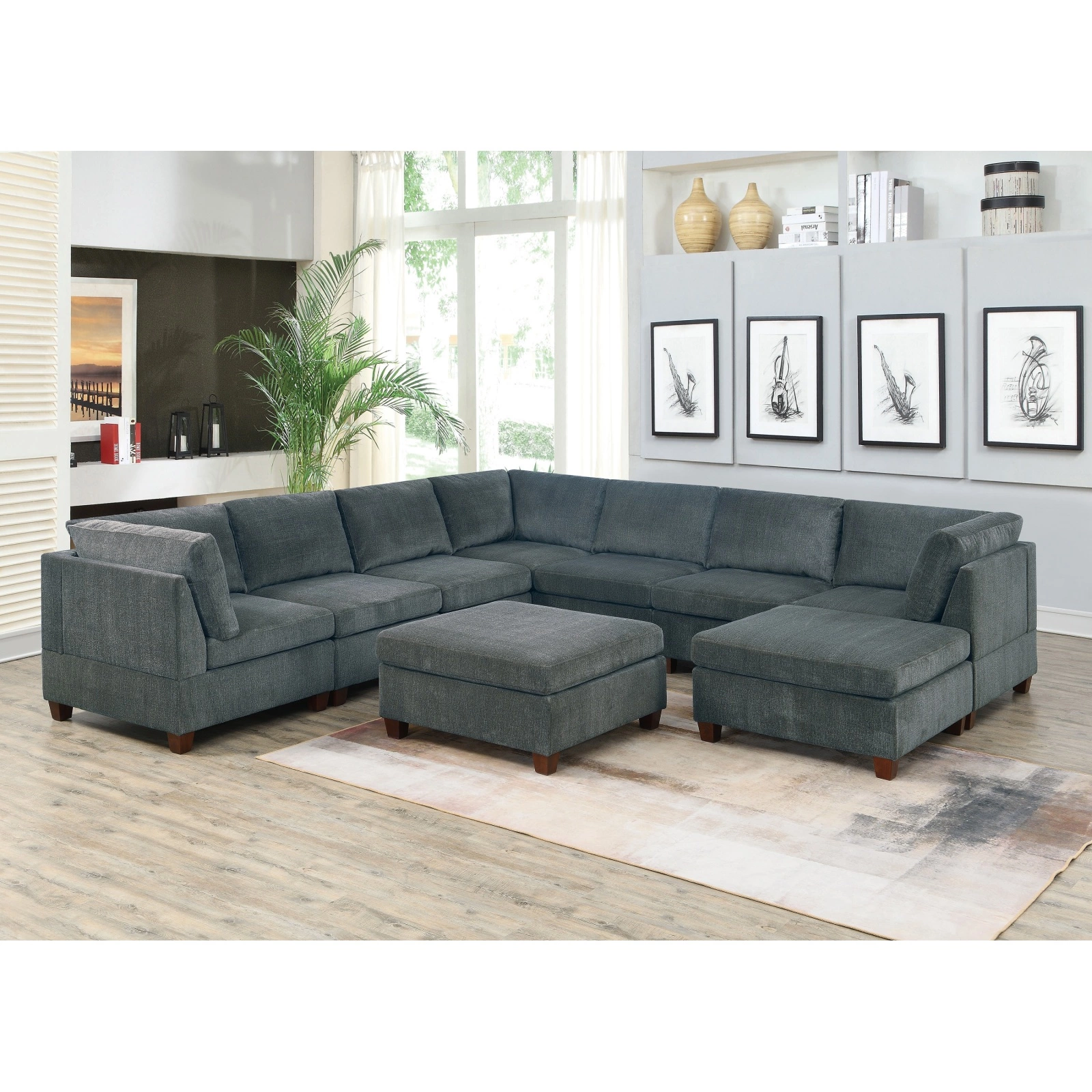 Miekor Furniture Living Room Furniture Grey Chenille Modular Sectional 9pc Set Large Family U-Sectional Modern Couch