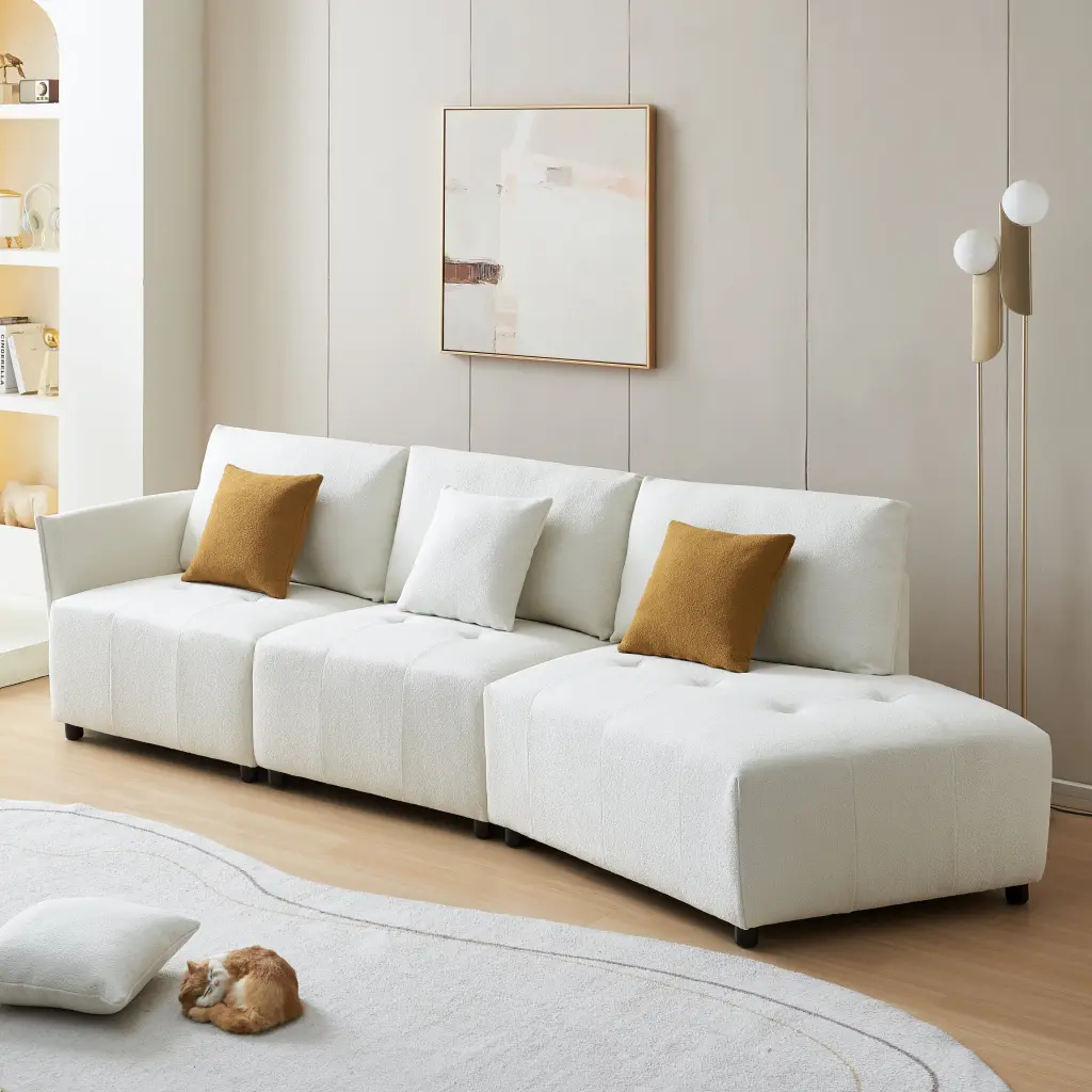120'' Teddy Fabric Sofa Modern Modular Sectional Couch Button Tufted modasi