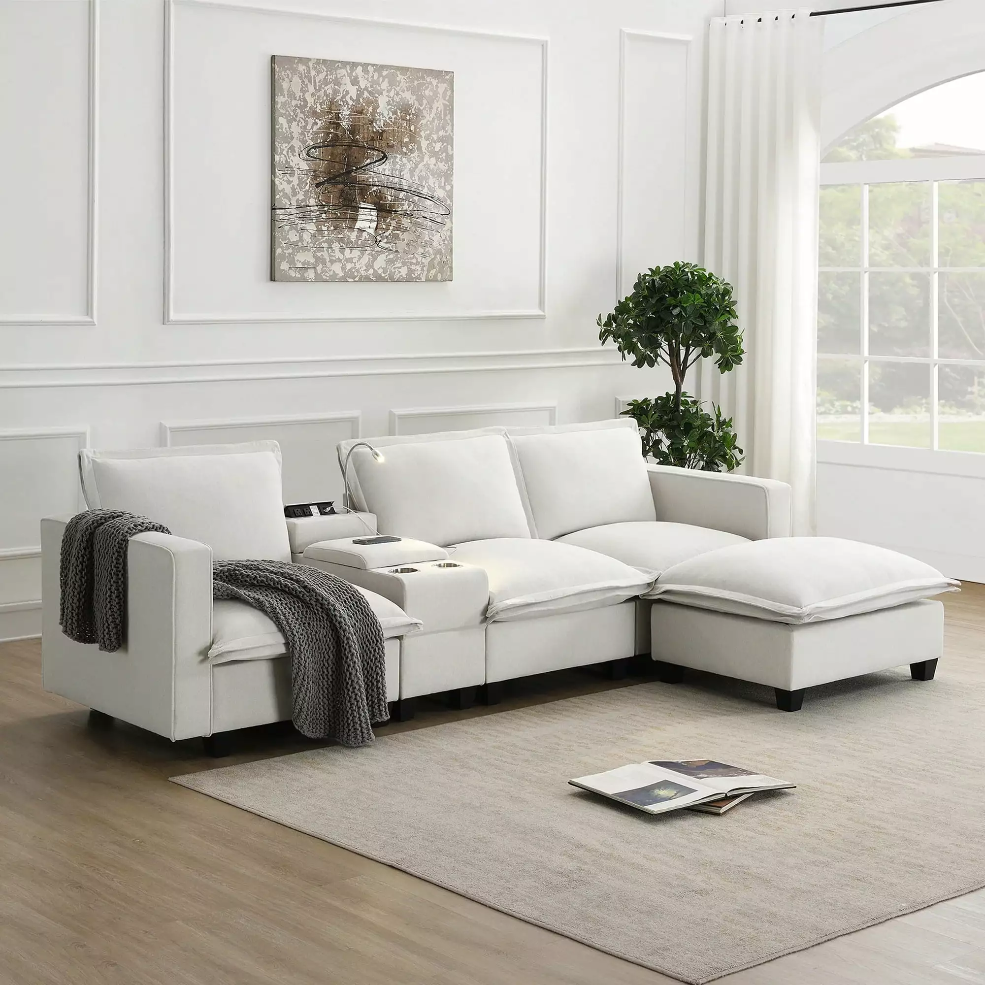 Modern Sectional Cloud Sofa Console USB Charging Port Reading Light
