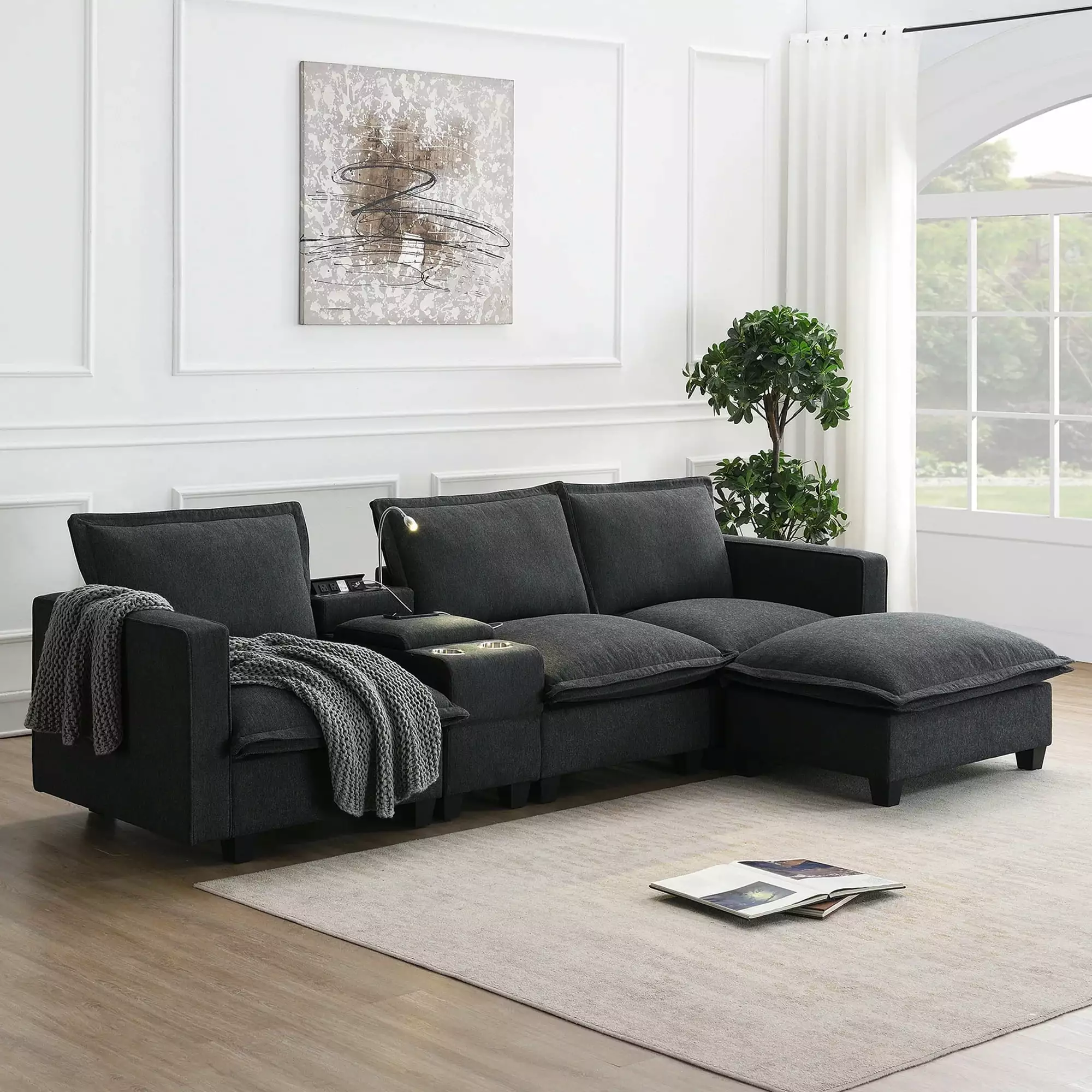 Modern Sectional Cloud Sofa Console USB Charging Port Cup Holder