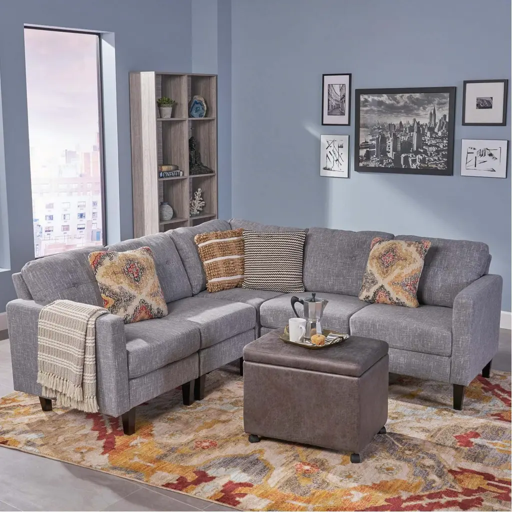 Mirod 5 Piece Upholstered Sectional Sofa Grey Fabric 4 Seat Living Room Set nh-mirod