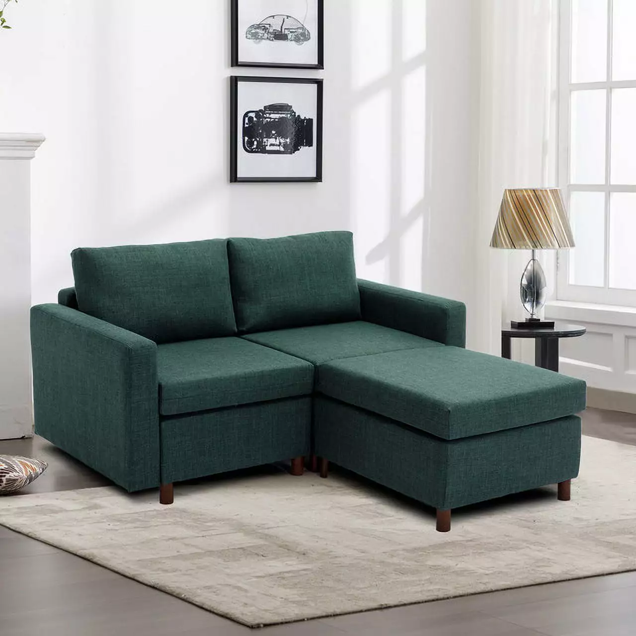 Elegant 2-Seat Green Linen Sectional Sofa Ottoman - Modern Style and Rubberwood Frame Ponnky