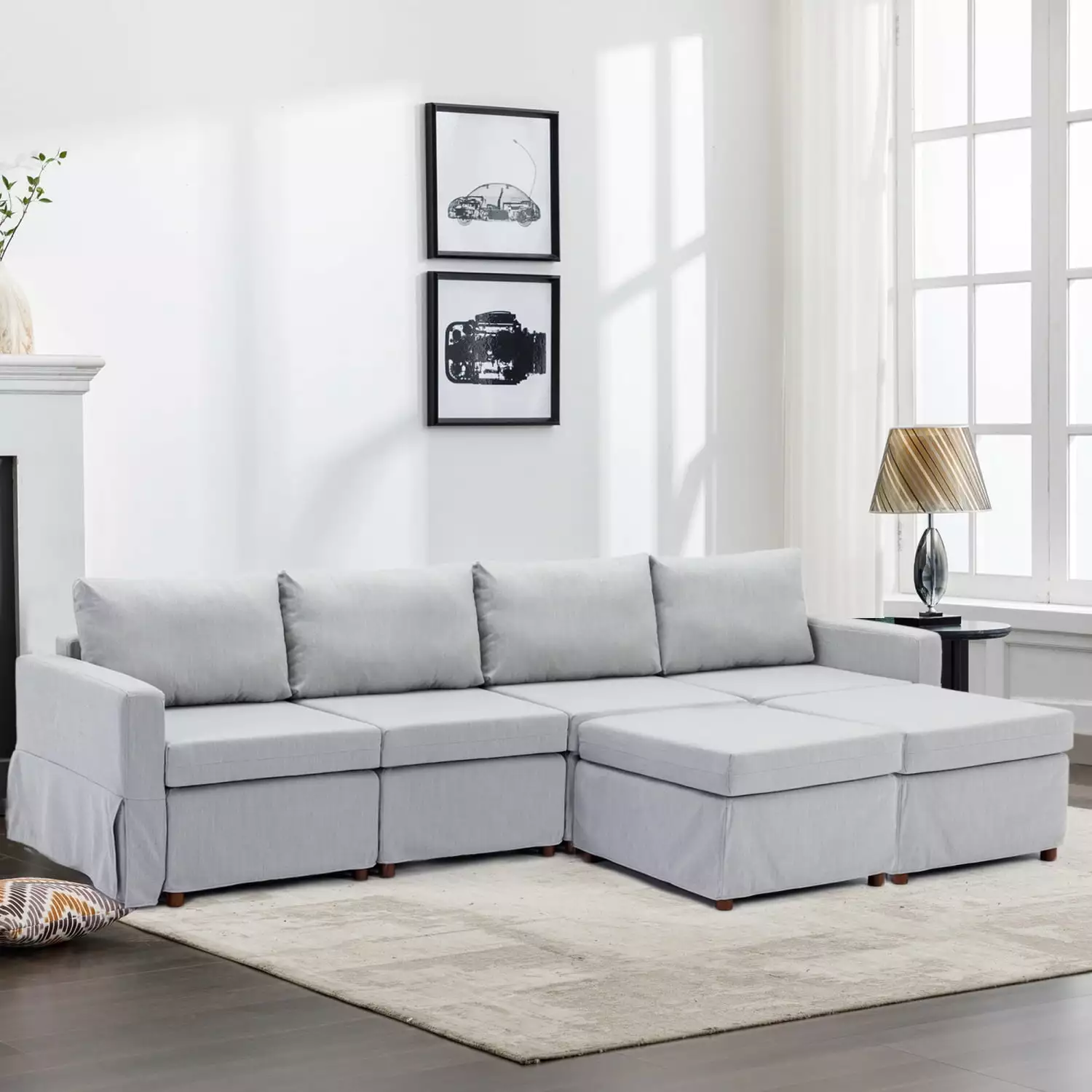 Light Grey 4 Seat Modular Sectional Sofa Modern Living Room Furniture Ponnky