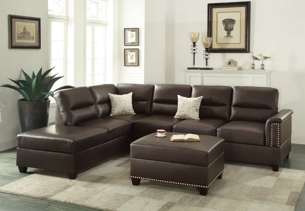 3 Piece Espresso Leather Sectional Sofa Set Living Room poundex