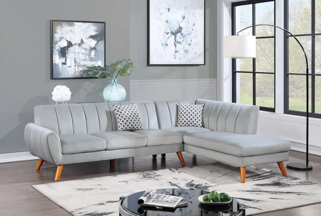 2 Piece Sectional Black Faux Leather and Light Gray Velvet poundex