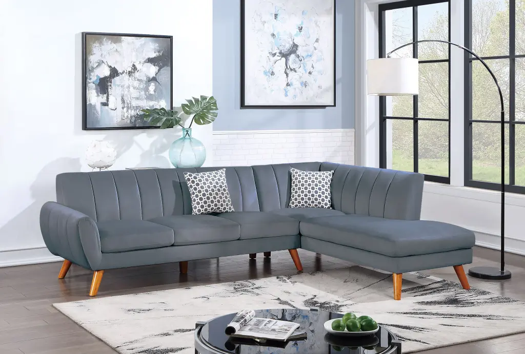 2 Piece Sectional Sofa Black Faux Leather and Dark Gray Velvet poundex