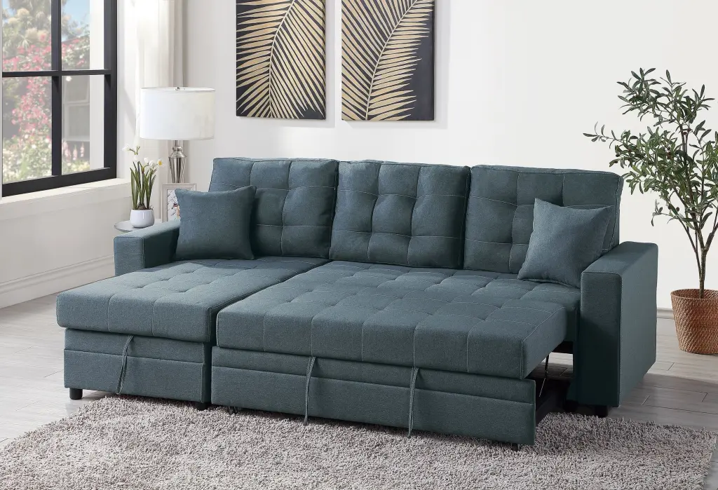 Sectional Black Faux Leather Blue Grey Fabric Modern Living Room Sofa Set poundex