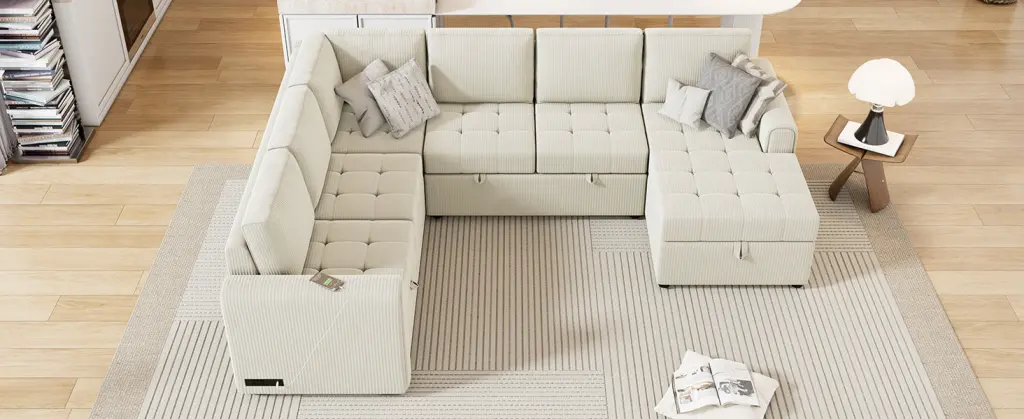 107.5 Inch U Shaped Sectional Sofa Pull Out Bed and Storage rnb