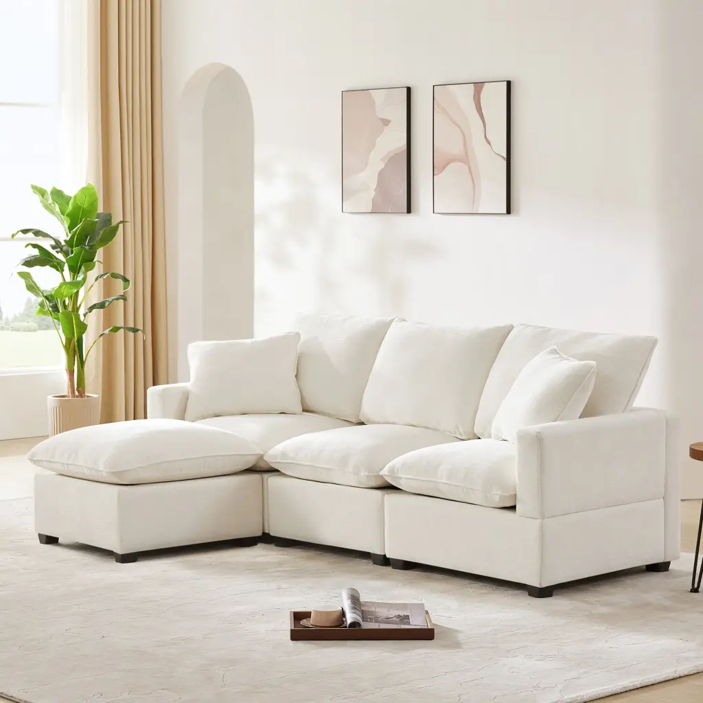 84x57 Inch Modern Modular Sofa 4 Seat Chenille Sectional Couch Set 2 rnb