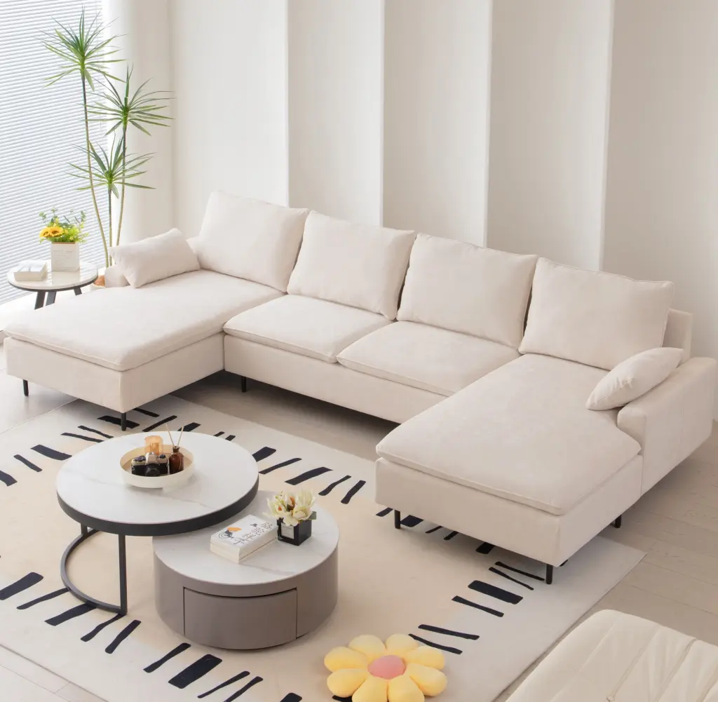 U Shaped Linen Sectional Sofa Double Chaises Beige Foam Fabric senge