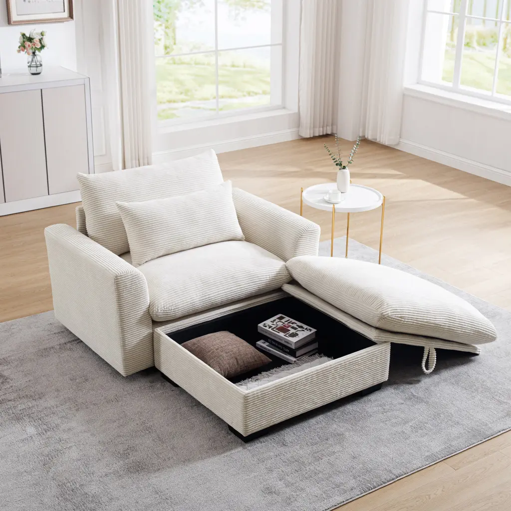 Beige Corduroy Modular Sofa Storage Ottoman Couch Living Room ui furniture