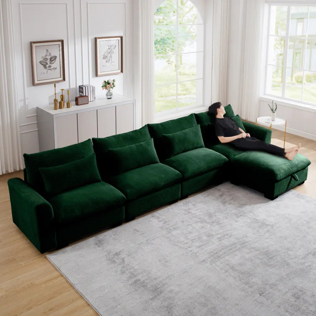 Large L Shaped Sectional Corduroy Sofa Deep Seat Couch Storage Footrest ui furniture