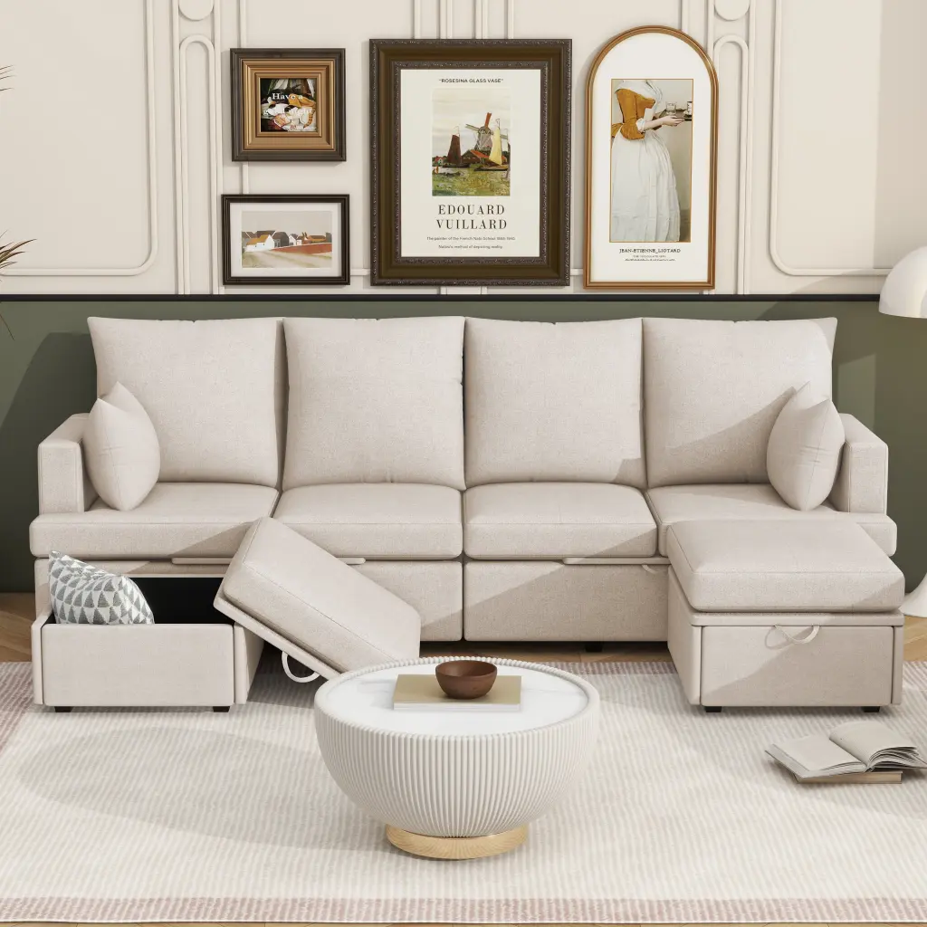 Modern U Influence Modular Sofa 6 Seat Chenille Sectional Couch Set 2 w2674