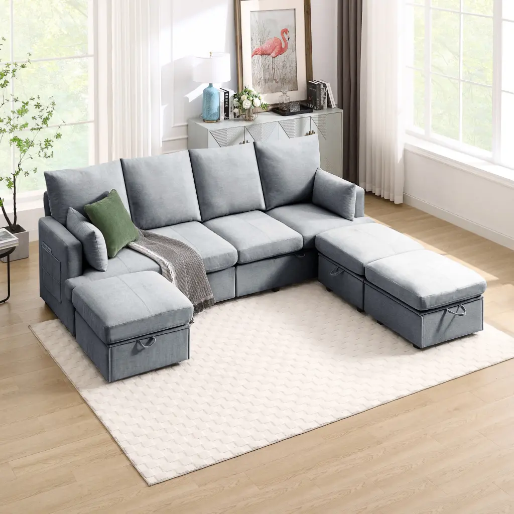 Modern U Shaped Modular Sofa 7 Seat Chenille Sectional Couch Set 2 Ottomans w2674