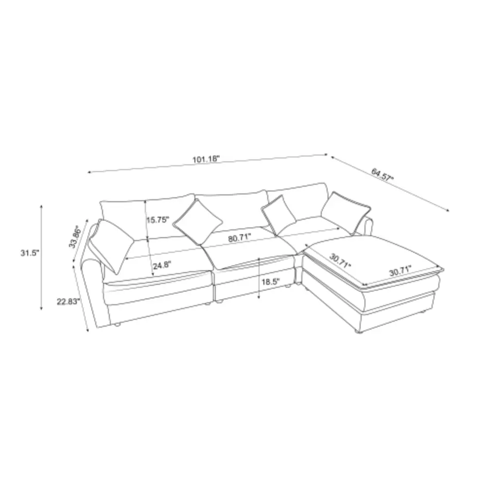 Modular Sectional Sofa 3 Seater Sofa Ottoman Modern L Shaped w2915
