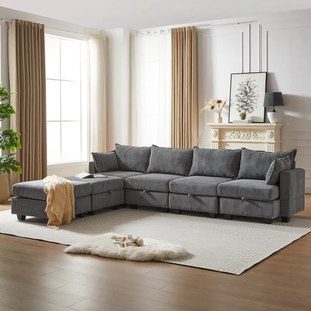 113.5 Inch Modular Sectional Corduroy Sofa Living Room Seating welike furniture