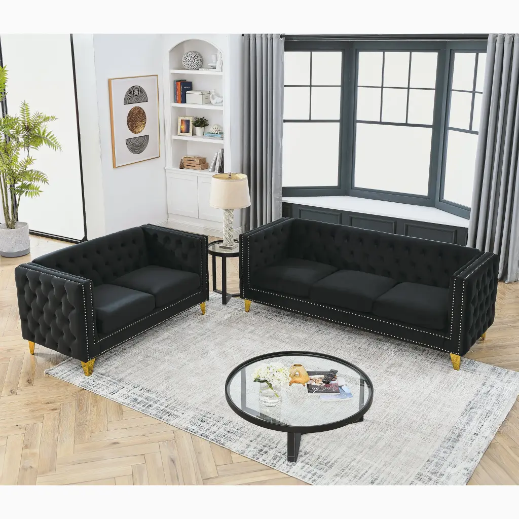 3 Seater 2 Seater Combination Sofa Black Velvet Upholstered Black Foam welike furniture
