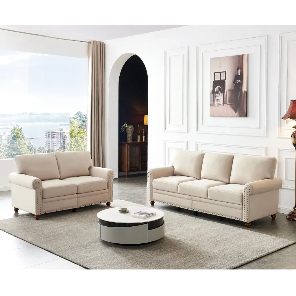 Linen Fabric Upholstery Storage Sofa 2 3 Sectional Beige Modern Living Room hdf store