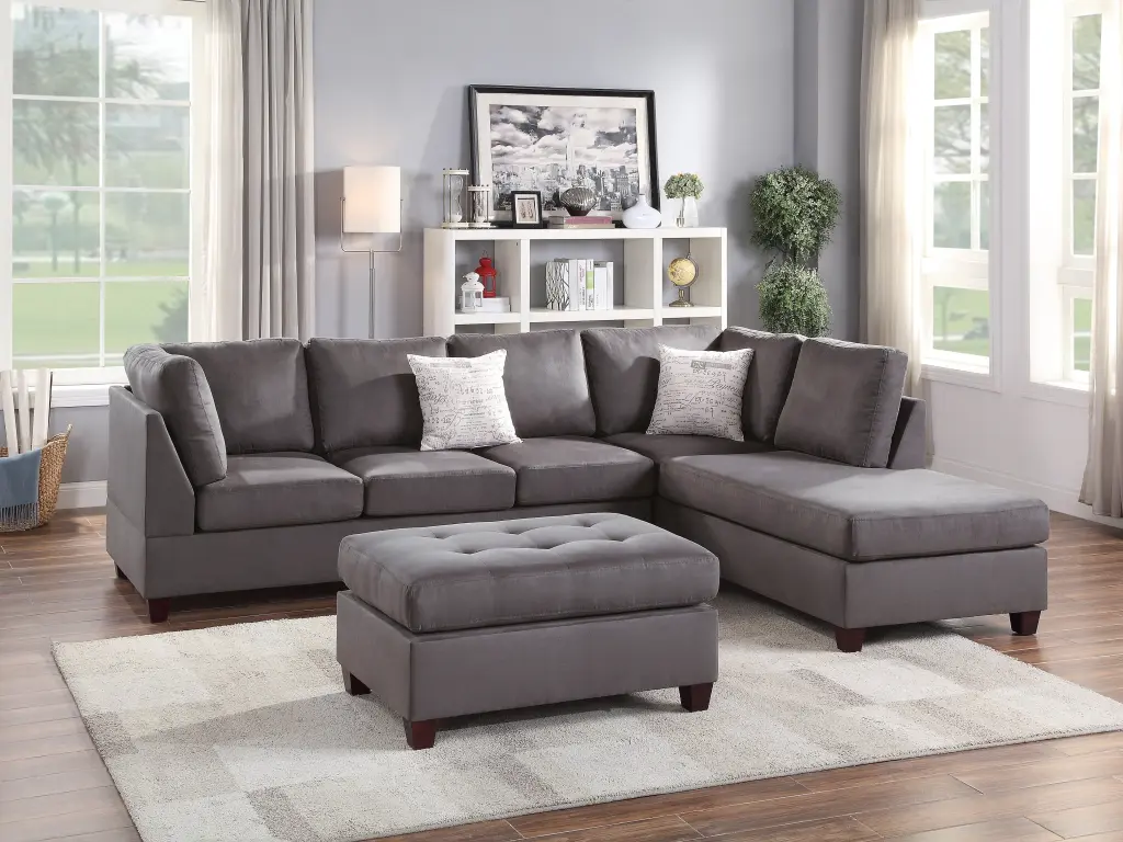 Contemporary 3Pc Reversible Sectional Sofa Set Ottoman - Grey Microfiber Living Room Furniture kanepe
