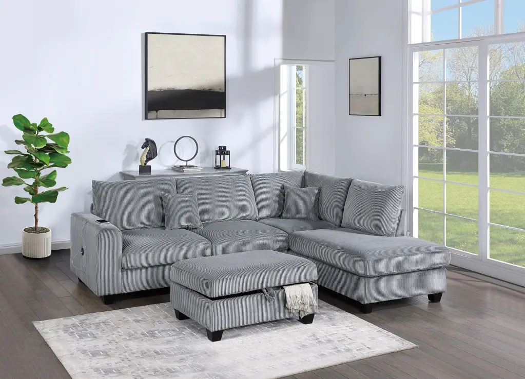 Contemporary 3 Piece Sectional Set Fog Color Corduroy Couch Living Room kanepe