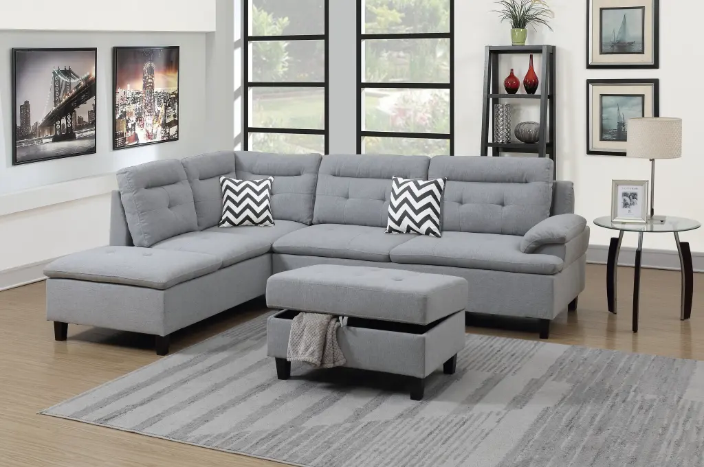 Grey Cushion Sectional Sofa Ottoman Linen Like Fabric Living Room Furniture kanepe