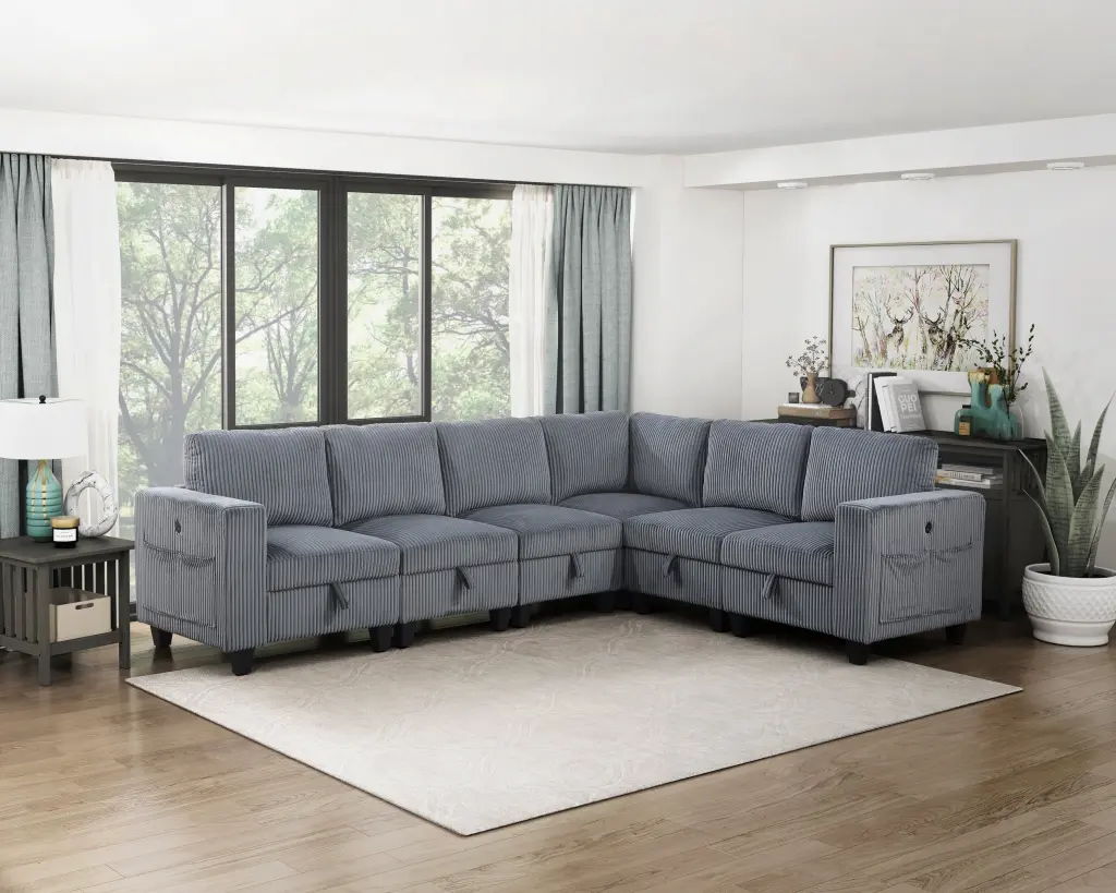 6 Piece Modular Sectional Storage Seats Side Pockets and Charging Ports kanepe