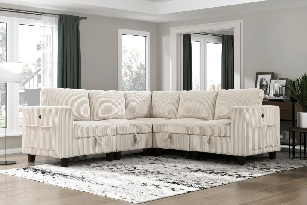 5 Piece Modular Sectional Storage Seats, Side Pockets, and Charging Ports kanepe