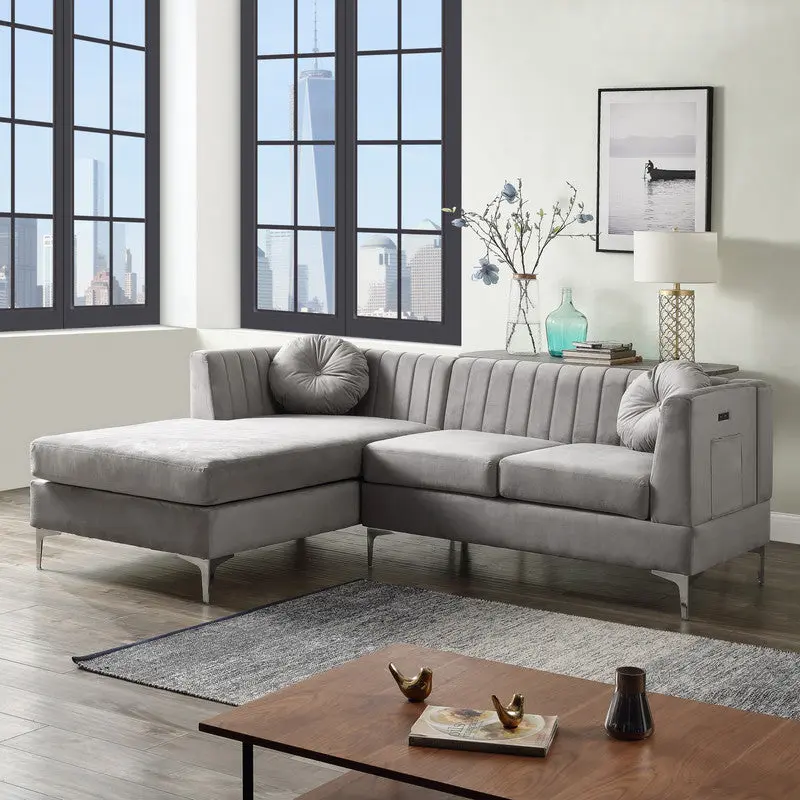 Chloe 85.5 Inch Gray Velvet Sectional Sofa Chaise USB Charging Port lilola home