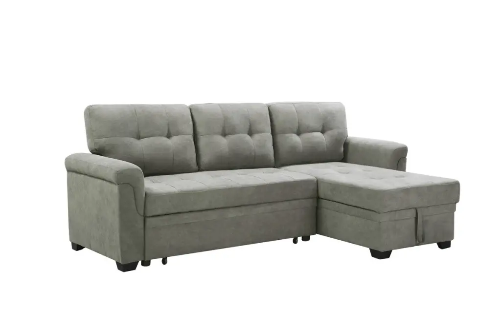 Connor 84 Inch Light Gray Fabric Reversible Sectional Sleeper Sofa Chaise lilola home