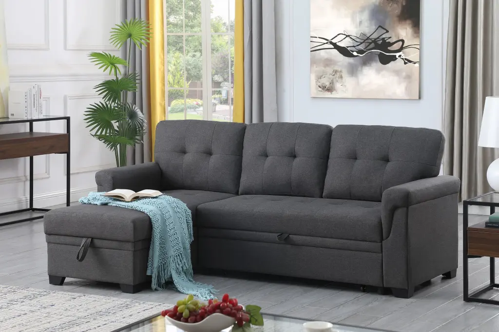 Lucca 84 Inch Dark Gray Linen Reversible Sleeper Sectional Sofa Storage lilola home