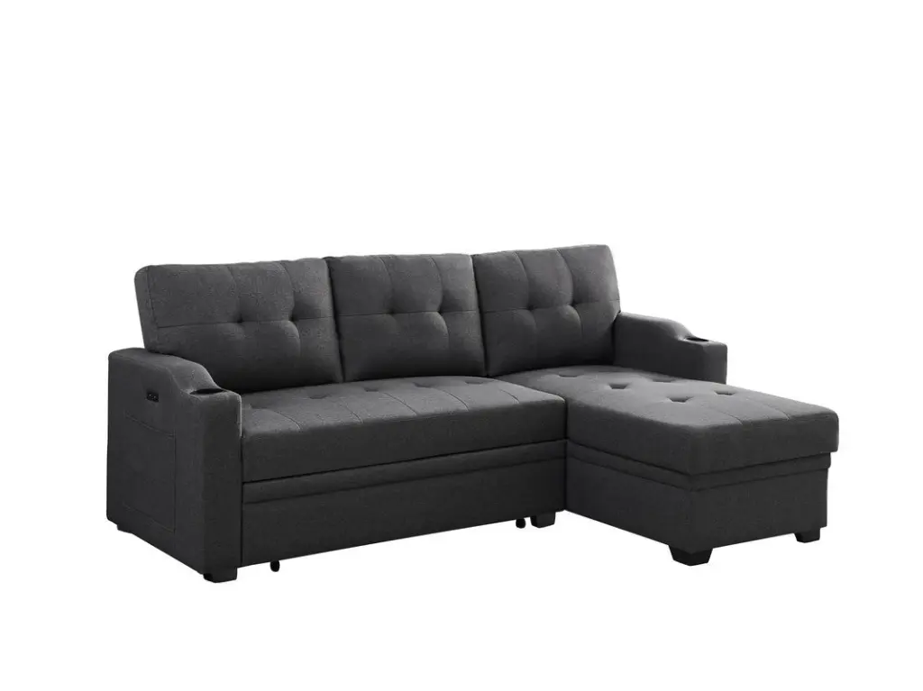 Mabel 83 Inch Dark Gray Linen Fabric Sleeper Sectional Cup Holder and USB lilola home